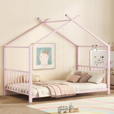 LOVMOR Twin Size Metal House Platform Beds with Slat Kit,Montessori Bed Frame w/House Roof for Kids,No Box Spring Needed,Easy to Assemble,Pink