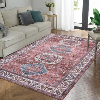 Coucheta Washable Area Rug - Vintage Distressed Rug, Low Pile Non-Slip Carpet for Living Room & Dining Room, Fade & Stain Resistant