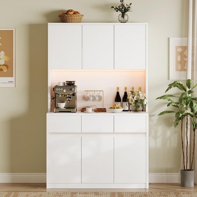 71" Tall Kitchen Pantry Cabinet, Kitchen Hutch Storage Cabinet with Led Lights and Power Outlets