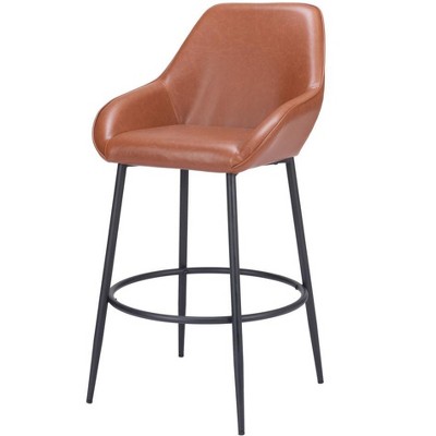 HomeRoots Set of Two 30" Brown And Black Faux Leather And Steel Bar Height Bar Chairs