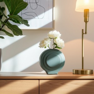 Modern Decorative Vase - Round Ceramic Dolomite Flower Vase - Textured Minimalist Accent Piece for Home, Office, Bedroom, and Living Room - 1 of 4