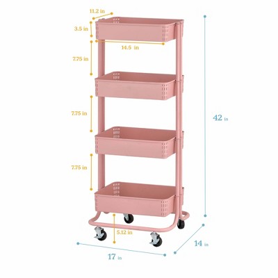 ECR4Kids 4-Tier Metal Rolling Utility Cart, Mobile Storage Organizer - Pink