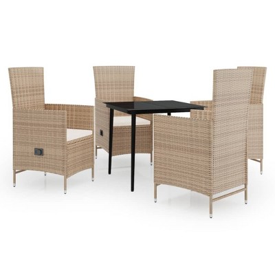 vidaXL 5-Piece Outdoor Patio Dining Set with Cushions, Beige - Weather-Resistant PE Rattan Garden Furniture with Reclining Chairs and Glass Tabletop.