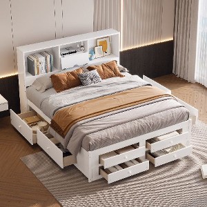 CAVINAS Queen Size Bed Frame, Platform Bed with Storage Headboard and 8 Drawers, Storage Beds with Headboards - 1 of 4