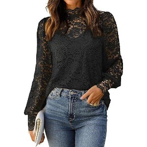 Zeagoo Lace Tops for Women Sheer Long Sleeve Blouses Dressy Casual Shirt with Camisole 2 PCS Set - 1 of 4