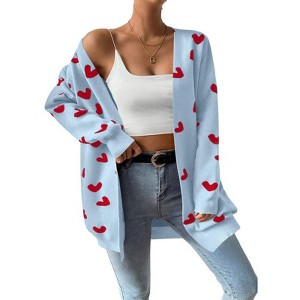 Coolmee Women's Fall Winter Long Sleeves Open Front Heart Print Knitted Sweater Cardigan Coat Outwear - 1 of 4