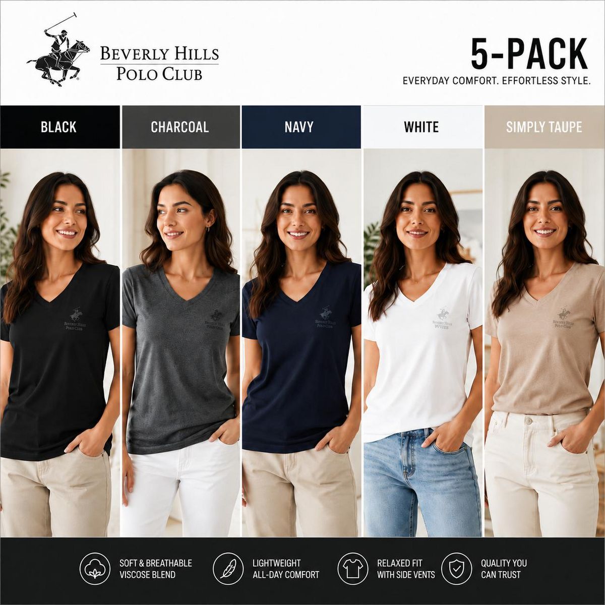 Beverly Hills Polo Club Women's 5-Pack V-Neck T-Shirt Relaxed Side-Vent Tee, 5-Pack Assorted Colors (S-XL) - thumbnail 2