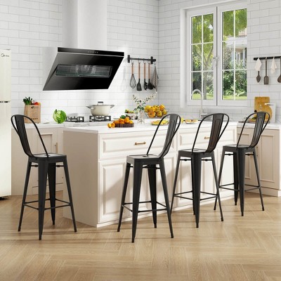 Set of 4 Black Metal Industrial Bar Stools with Backrest