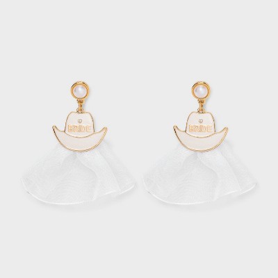 Bride Cowboy Hat Drop Earrings - Ivory/White