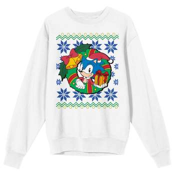 Sonic The Hedgehog Sonic Christmas Wreath Crew Neck Long Sleeve White Adult Sweatshirt