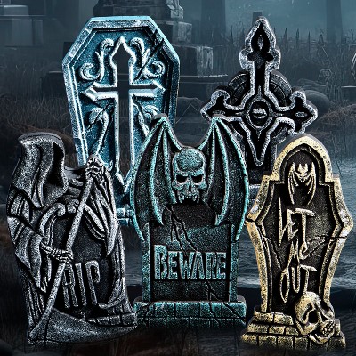 Joyfy 5pcs Halloween Foam RIP Graveyard Headstone Decorations 17in,Gravestones with 12 Stakes,Halloween Home Front Yard Lawn Garden Party Supplies