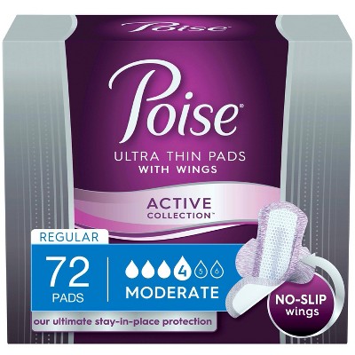 Poise Ultra Thin Fragrance free Incontinence Pads with Wings -  Active Collection -  Moderate Absorbency -   72ct (4 Packs of 18)