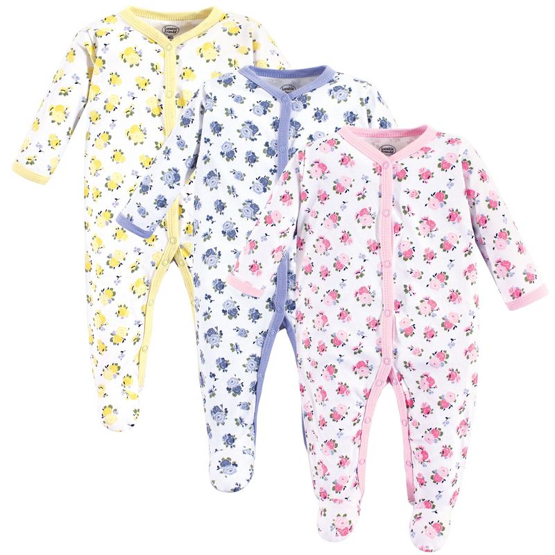 Luvable Friends Baby Girl Cotton Snap Sleep and Play 3pk, Floral, 1 of 3