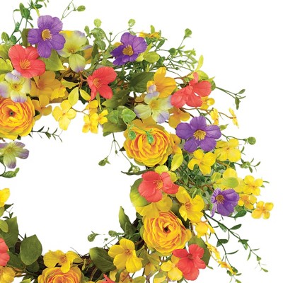 Vibrant Yellow Rose and Wildflower Summer Front Door Wreath