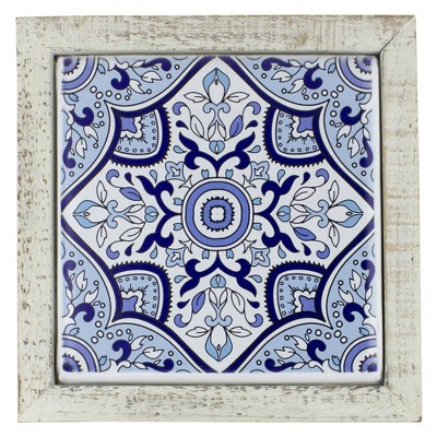 Raz Imports 9.75" White and Blue Floral Tile Wall Decor