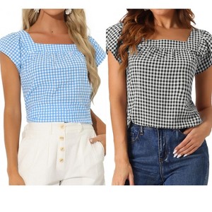 INSPIRE CHIC Women's Summer Square Neck Gingham Cap Sleeve Blouses 2 Packs - 1 of 4
