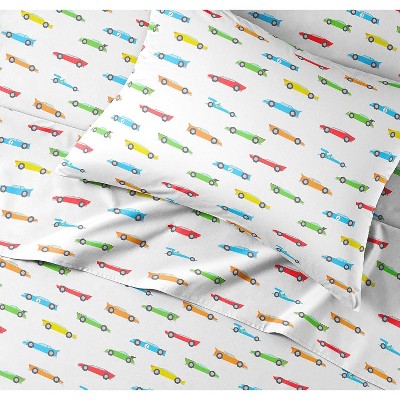 Kids Full Size White Microfiber Racecar Print Sheet Set