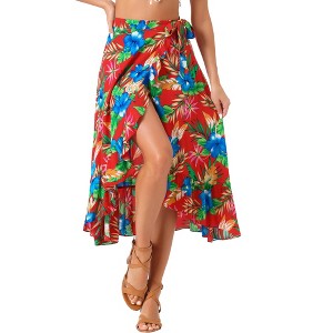 INSPIRE CHIC Women's Tropical Floral Print Ruffle Self-Tie Knot Split Beach Wrap Midi Skirt - 1 of 4
