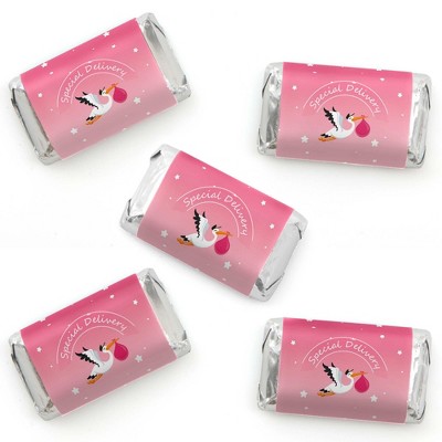 Big Dot of Happiness Girl Special Delivery - Mini Candy Bar Wrapper Stickers - It's A Girl Stork Baby Shower Small Favors - 40 Count