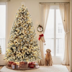 KRISRATE 6FT Pre-Lit Snow Flocked Christmas Tree with 250 LED Lights, 956 Branch Tips, Hinged Artificial Xmas Tree with Metal Stand for Holiday Decor - 1 of 4