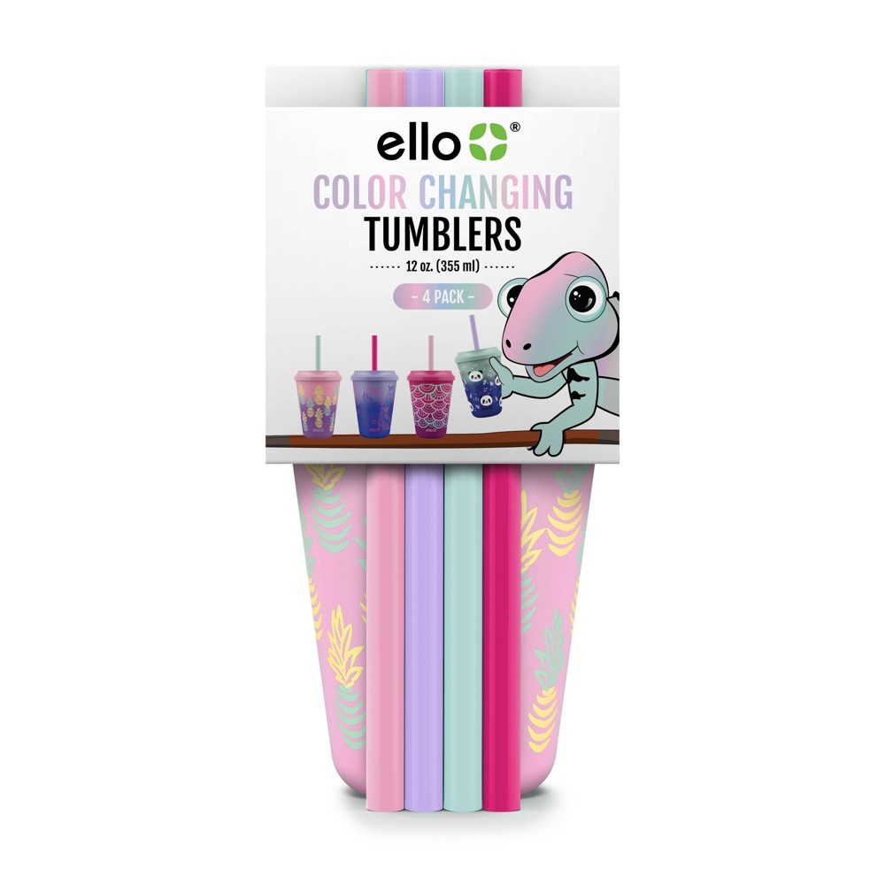 Ello 12oz 4pk Plastic Chameleon Color Changing Cups with Twist on Lids Purple