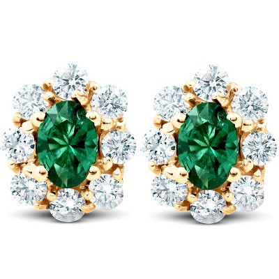 Pompeii3 3 Ct Emerald & Diamond Halo Studs 14k Yellow Gold