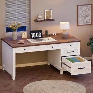 Executive Desk with Drawers, Farmhouse Home Office Desk with Charging Station, 53.54" Wooden Computer Desk with File Cabinet Storage,White Walnut - 1 of 4
