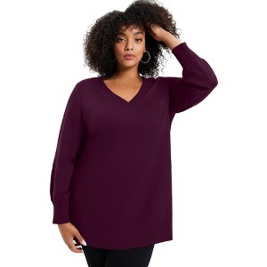 June + Vie by Roaman's Women's Plus Size V-Neck French Terry Sweatshirt - 1 of 3