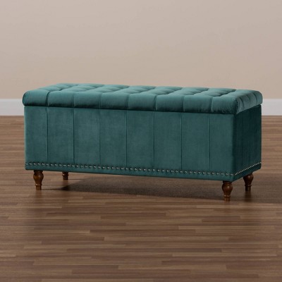 Kaylee Teal Blue Velvet 42'' Tufted Storage Ottoman Bench
