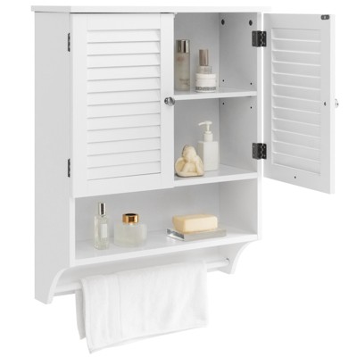 Tangkula Wall Mounted Bathroom Cabinet with Open Shelf & Towel Bar Medicine Cabinet with Double Louvered Doors White/Grey/ Espresso/Black