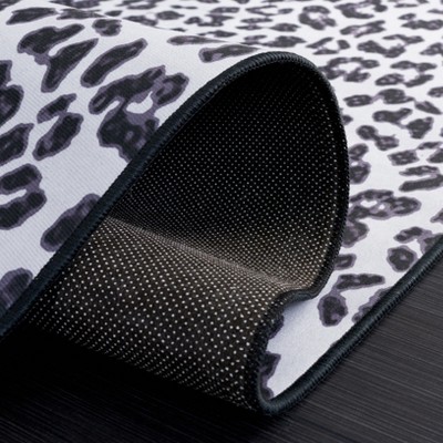 Black and Ivory Faux Fur Leopard Print Washable Area Rug