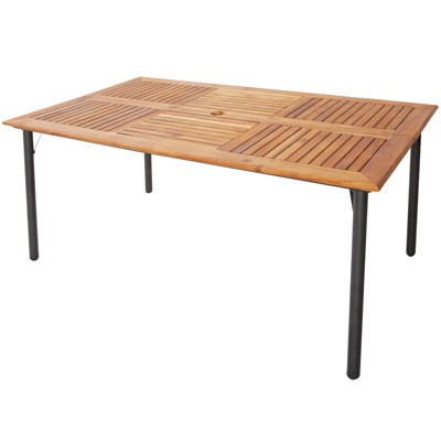 Tangkula Rectangular Acacia Wood Dining Table w/ 1.9" Umbrella Hole Patio Natural & Black