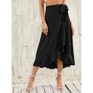 Coolmee Women's Ruffle Wrap Skirt Tie Waist Boho High Low Asymmetrical Midi Beach Skirt - 1 of 4