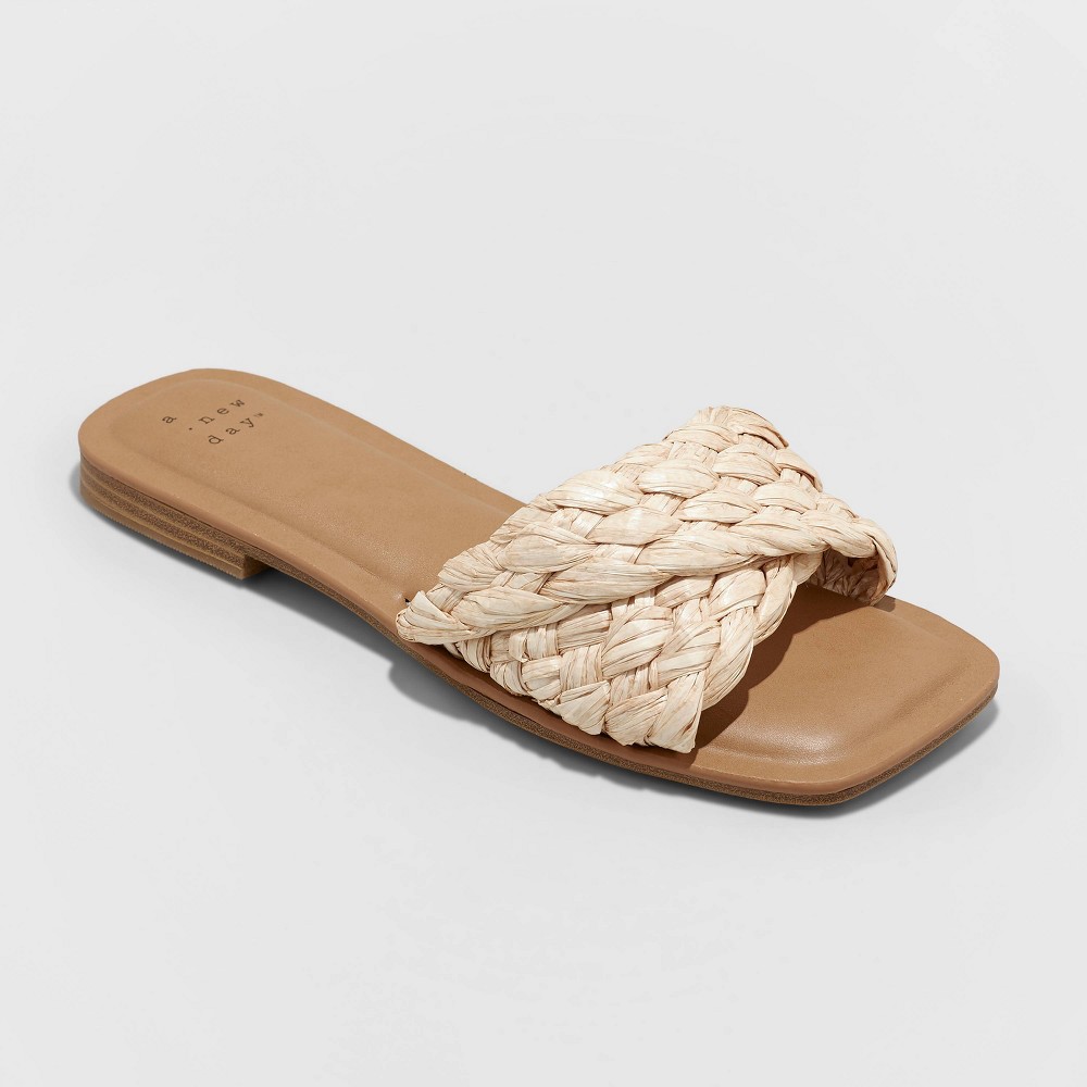 size 7 Women's Nicolette Raffia Slide Sandals - A New Day Tan 7