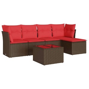 vidaXL 6 Piece Patio Sofa Set with Cushions Brown Poly Rattan - Brown and Red With Table - 1 of 4