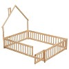 Full Size House Bed Frame with Fence Guardrail, Playful House Shape Safety Bed Platform for Kids Room, in Natural Wood, Grey & White - 2 of 4