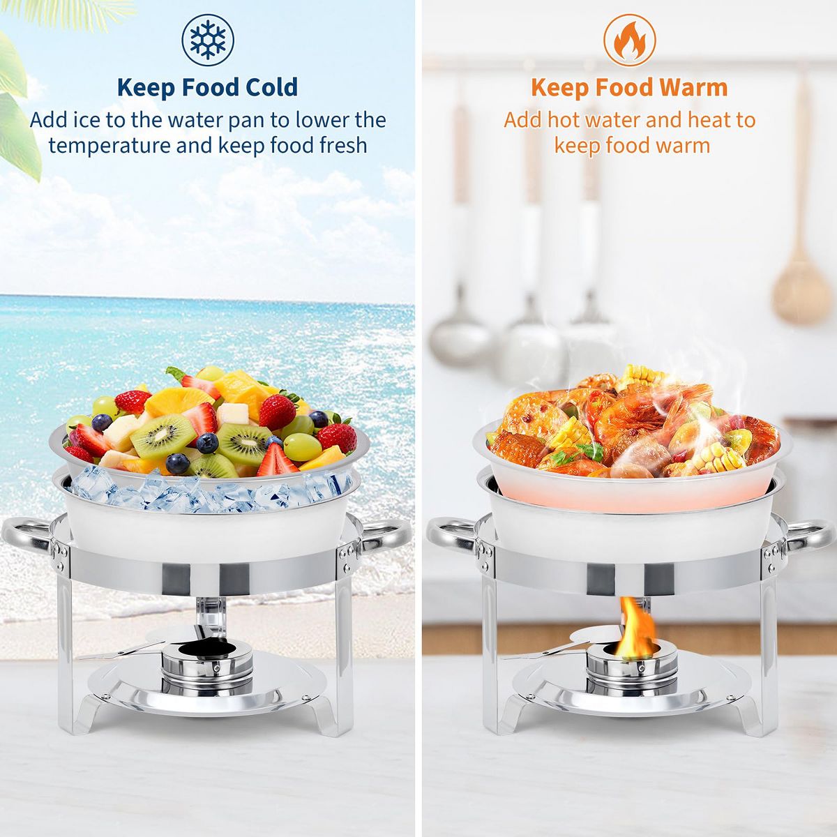 4/6-Pack 5QT Round Chafing Dish Set, Stainless Steel Buffet Food Warmers with Lids & Water Pans, Buffet Servers for Parties, Weddings and Banquets - thumbnail 4