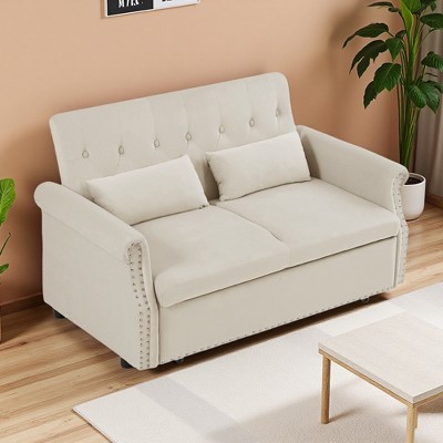 55" Shiny Velvet Convertible Loveseat Sofa with Pull-Out Bed & Lumbar Pillows