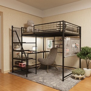 PAGED Full Size Metal Loft and Bunk Bed with Black for Bedroom and Dormitory, with Built-In Charging Station and LED Lighting, Black - 1 of 4