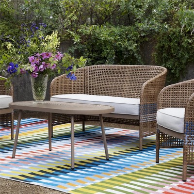 Ava French Blue and Brown Wicker 4-Piece Conversation Set