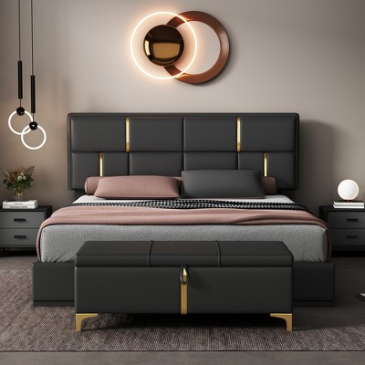 2-Pieces Bedroom Sets,Queen Size Upholstered Platform Bed with Hydraulic Storage System,Storage Ottoman with Metal Legs