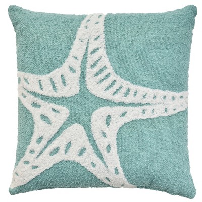 Turquoise Embroidered Starfish 18" x 18" Indoor Outdoor Throw Pillow