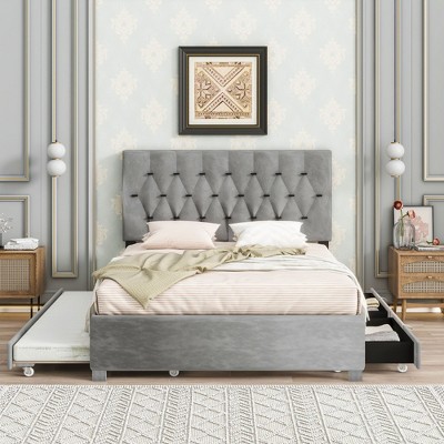 PAGED Queen Size Bed Frame Modern Storage Bed with Pull Out Drawers and Pull Out Twin Trundle Bed, No Box Spring Required