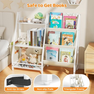 Safe to Get Books feature emphasis with close-ups of anti-tip straps, non-slip pads, and triangular frame