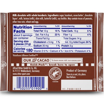 Ritter Sport Milk Chocolate with Whole Hazelnuts Candy Bar - 3.5oz