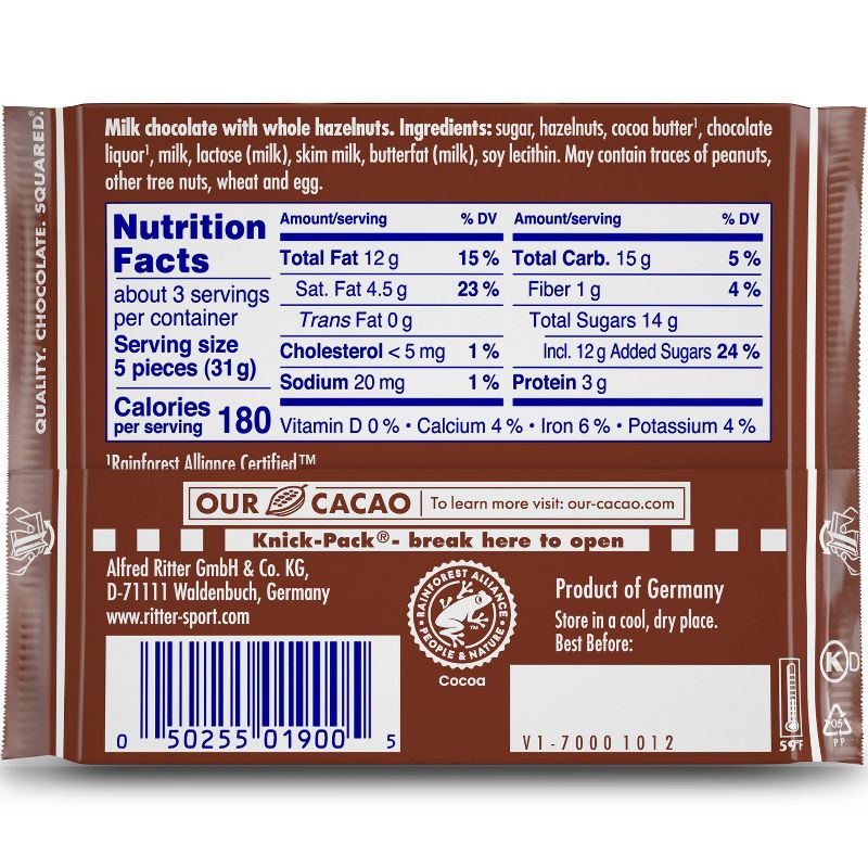 Ritter Sport Milk Chocolate with Whole Hazelnuts Candy Bar - 3.5oz, 3 of 6