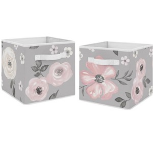 Sweet Jojo Designs Girl Set of 2 Kids' Decorative Fabric Storage Bins Watercolor Floral Grey and Pink - 1 of 3