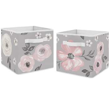 Sweet Jojo Designs Girl Set of 2 Kids' Decorative Fabric Storage Bins Watercolor Floral Grey and Pink