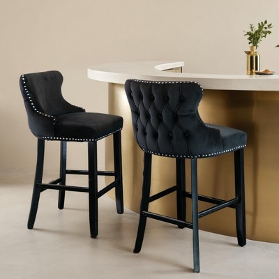 Counter Height Bar Stools Set of 2, 27" Velvet Bar Stools with Button Back and Nailhead Trim, Upholstered Bar Stool with Wooden Legs - Leovsnove