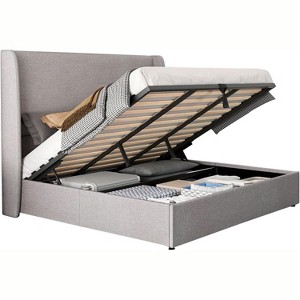 Bed Frame with Lift Up Storage,Linen Upholstered Platform Bed,Wingback Headboard - 1 of 4